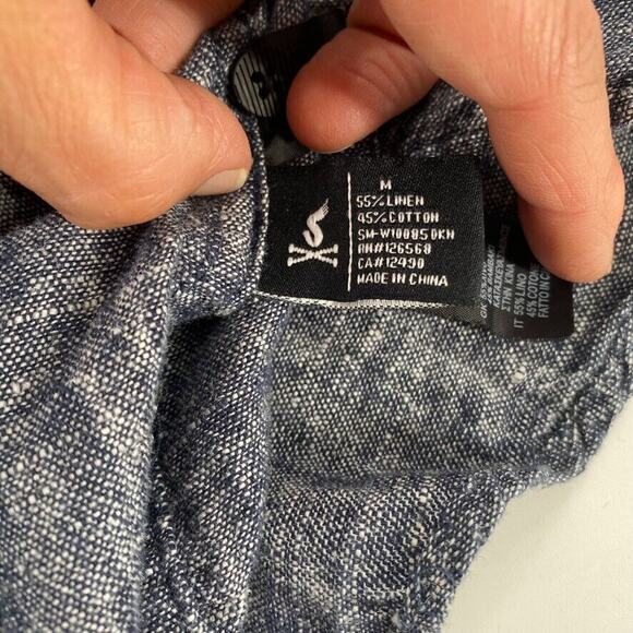 Sandanista Button Front Shirt Womens Sz M Blue Black Linen Blend Coastal Grandma - Picture 4 of 13